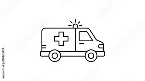 Minimalist black line vector icon of an ambulance side view on a white background. This clean, scalable illustration features a medical cross and emergency siren for healthcare and first aid use.