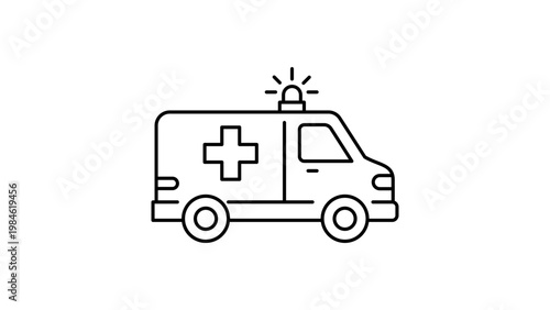 Minimalist black line vector icon of an ambulance side view on white background. Clean outline illustration of a medical emergency vehicle with siren and cross symbol for healthcare design.
