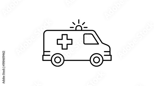 Minimalist black line vector icon of an ambulance side view on a white background. Scalable illustration for medical emergency, healthcare, and first aid concepts. Clean outline graphic design.