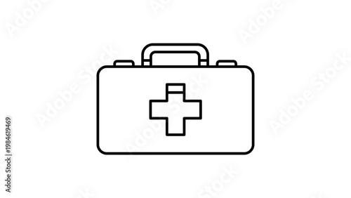 First aid kit vector icon illustration, minimalist black line outline on white background, medical emergency kit suitcase with cross symbol, scalable hand-drawn graphic for healthcare and safety.