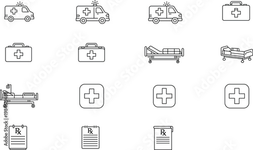 Medical and Healthcare Vector Icon Set: 15 Minimalist Black Line Outline Icons including Ambulance, Hospital Bed, First Aid Kit, Medical Cross, and Prescription Pad for Clinic and Pharmacy Design.