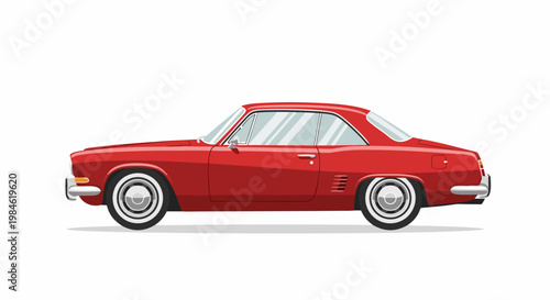 Classic red coupe parked stationary on flat white background