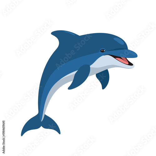 Bottlenose dolphin leaping midair against plain white background