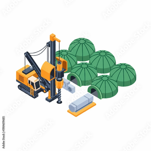 Construction equipment and geodesic domes for building project.