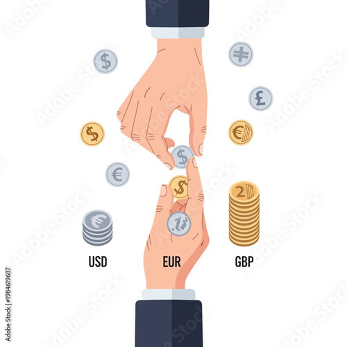 Hands exchanging currency coins - USD, EUR, GBP symbols, financial concept