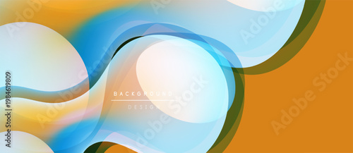 Abstract fluid shapes, vibrant colors blend. Orange, blue, white layers create dynamic background design. Smooth curves suggest movement.