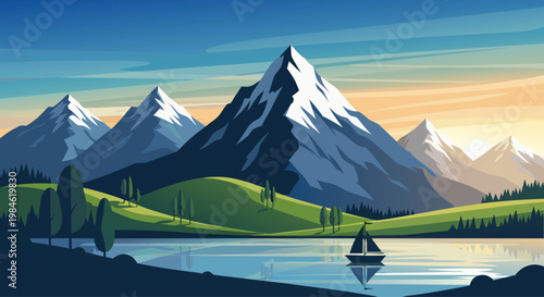 Sailboat drifting near snowcapped mountains at sunrise