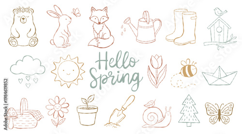 Spring vector collection for blog posts and print.
Cute minimalist animals like a bear, fox, and butterfly.
Hand-drawn garden elements including boots, flowers, and watering can.