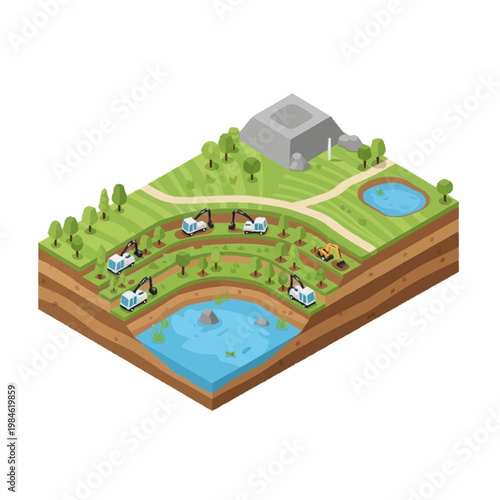 Construction site with excavators and trucks working on a layered landscape.