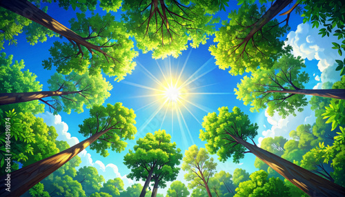 Centered sunshine enclosed by treeline panorama. Harmonious upward viewpoint with vivid botanical ring. Energetic nature graphic for wellness packaging concepts