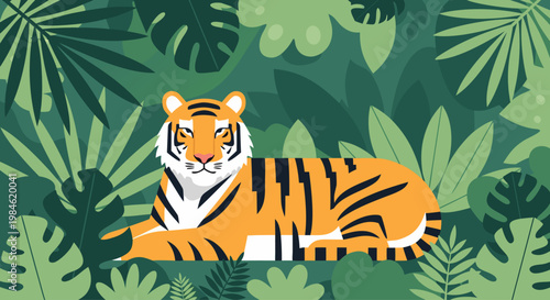 Tiger lying among dense jungle foliage in tropical forest