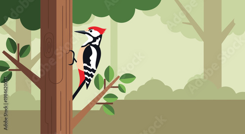 Woodpecker clinging to trunk in dense woodland setting