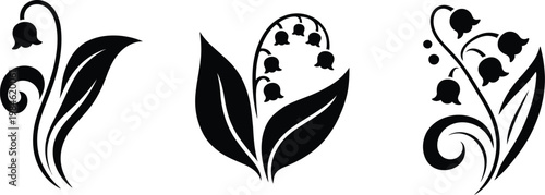 Lily of the valley flower vector set, elegant black silhouette collection of delicate bell shaped blossoms and slender stems, minimalist botanical design, clean isolated floral elements 