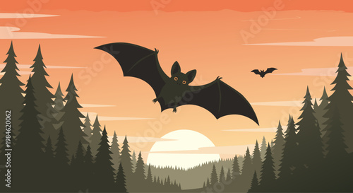 Bat flying across sunset sky over coniferous forest silhouette
