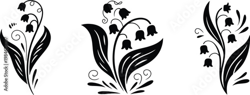 Lily of the valley flower vector set, elegant black silhouette collection of delicate bell shaped blossoms and slender stems, minimalist botanical design, clean isolated floral elements 