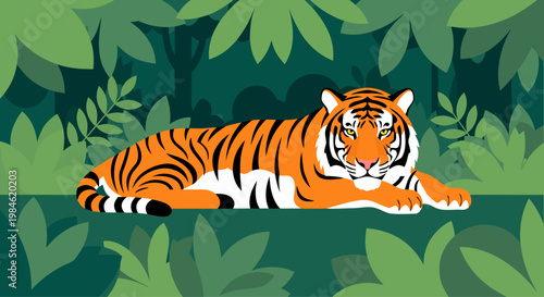 Tiger lying relaxed in dense tropical jungle foliage