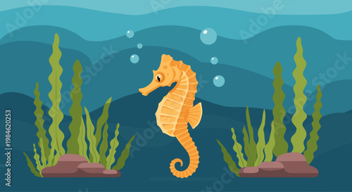 Seahorse hovering among seaweed in underwater scene