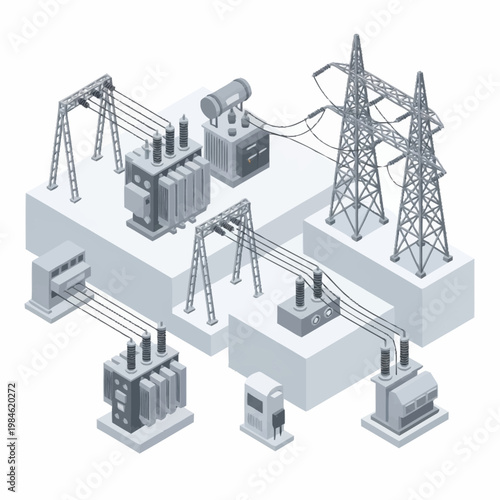 Electrical power grid substation with transformers and transmission towers.
