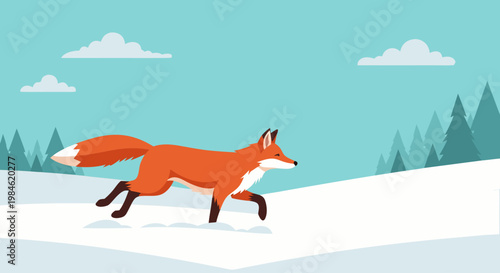 Red fox running across snowy field in winter landscape