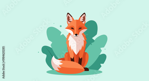 Red fox sitting calmly against stylized foliage background