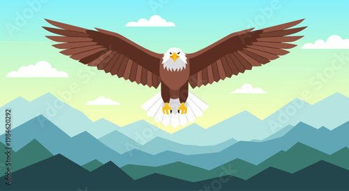 Bald eagle soaring with wings spread over mountain range