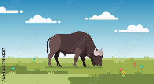 Water buffalo grazing on grassy plain under blue sky