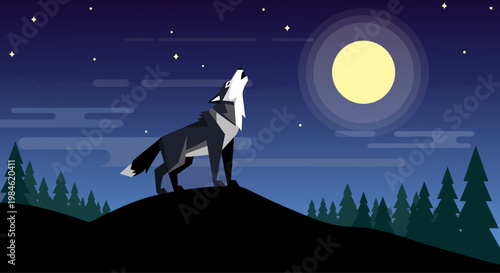 Gray wolf howling on ridge under full moon at night