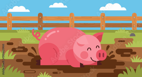 Pig wallowing in muddy pen near wooden fence on farm