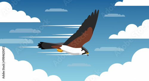 Falcon gliding swiftly through cloudy sky at high altitude