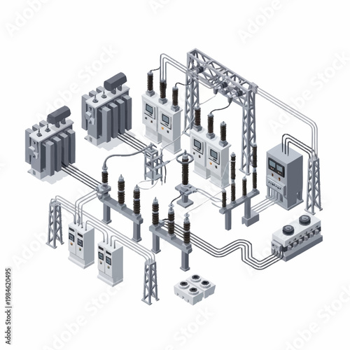 Electrical substation equipment and power distribution system isometric illustration.