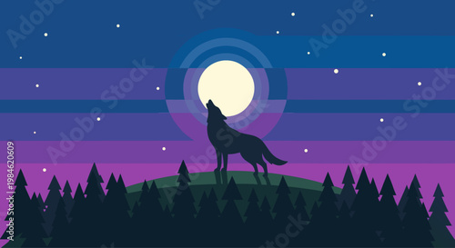 Wolf howling on hilltop under full moon over forest