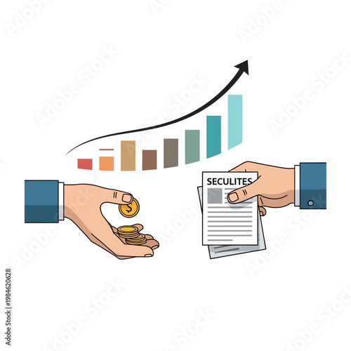 Investor Hand Giving Coins to Trader with Securities Document and Growth Chart