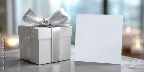 Square card mockup on a frosted glass surface next to a pearl-white box with a shimmering white satin ribbon 