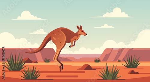 Kangaroo hopping across arid outback landscape with shrubs