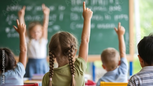 Elementary students actively raise their hands to participate in a vibrant classroom setting