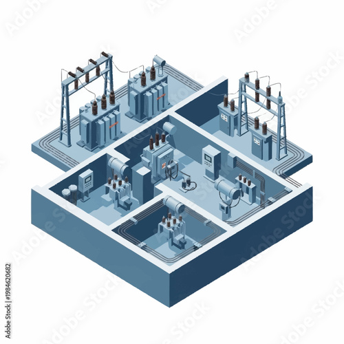 Electrical substation industrial isometric view diagram.