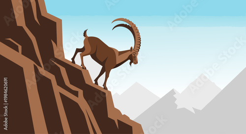 Ibex descending rocky cliff in mountainous landscape