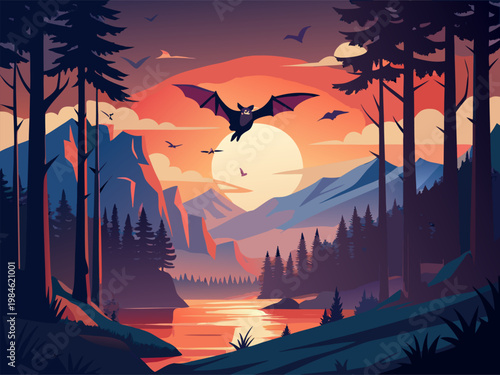 Bat flying over river valley at sunset in forest landscape