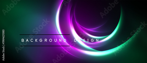 Abstract background features vibrant concentric circles. Colors blend from green, purple, pink, creating dynamic visual effect. Text reads background design.
