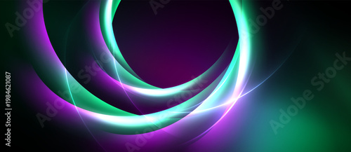 Abstract swirls, vibrant colors, dark background. Light curves create dynamic, flowing visual effect. Modern design element.