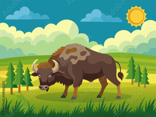 Wild bison grazing under sunlit sky on open prairie