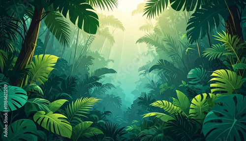 Misty jungle layers with exotic leaves and tranquil depth. Humid wilderness foliage creating secluded escape feeling. Tropical greenery artwork for resort luxury promotion