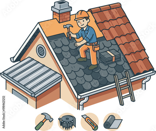 Worker repairing a house roof with tools and ladder, illustrating roofing maintenance and home improvement work.