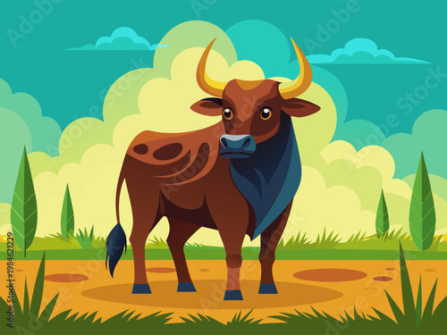 Bull standing facing viewer in open grassy landscape