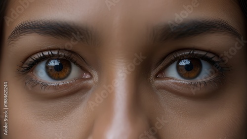 Expressive brown eyes of an adult gazing directly forward with reflections