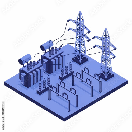 Electrical substation with power lines and transformers.