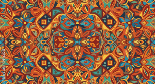 Colorful kaleidoscopic mandala pattern textile design