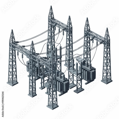 Electrical substation with power lines and transformers.
