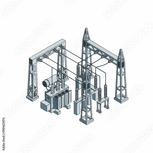Electrical substation with transformer and power lines.