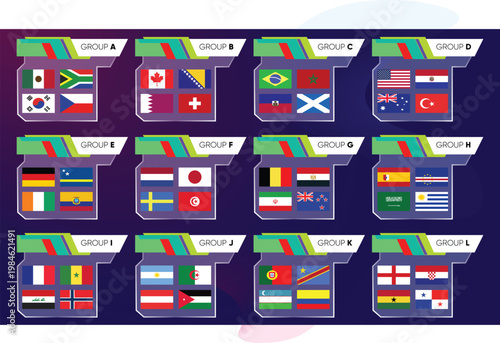 2026 World Football Tournament Group Stage Draw Infographic with National Teams Flags and Complete Soccer World Cup Groups Table Template